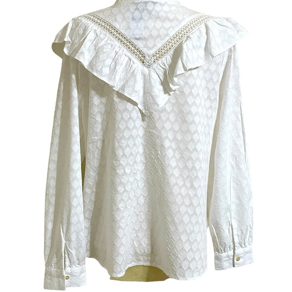 New LOFT White Cotton Romantic Ruffled Prairie Button Down Shirt Medium - Picture 9 of 12